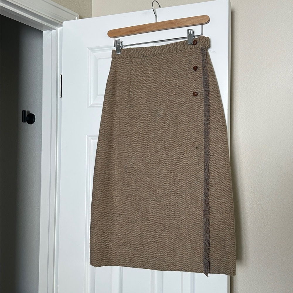 Vintage Midi Herringbone Wrap Skirt with Button Detail handmade